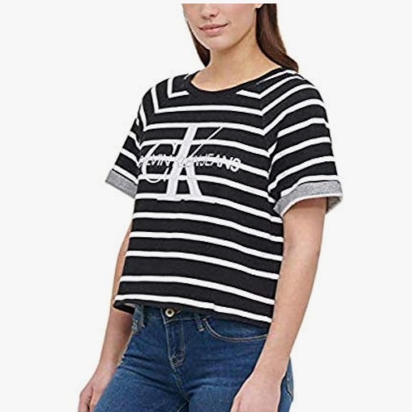 Calvin Klein Black and White Striped Crop Top - Picture 2 of 6